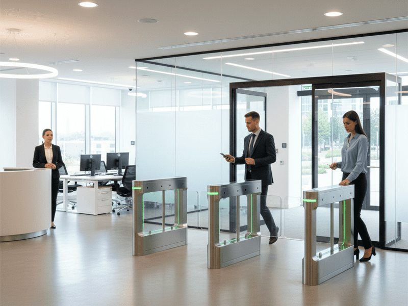 Go-Safe GS611A pedestrian swing barrier gate installed in modern corporate office lobby with professionals using RFID access control.