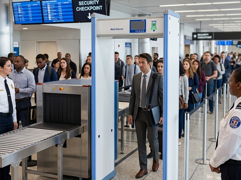 Walk-through metal detector installed at entry checkpoint for people screening