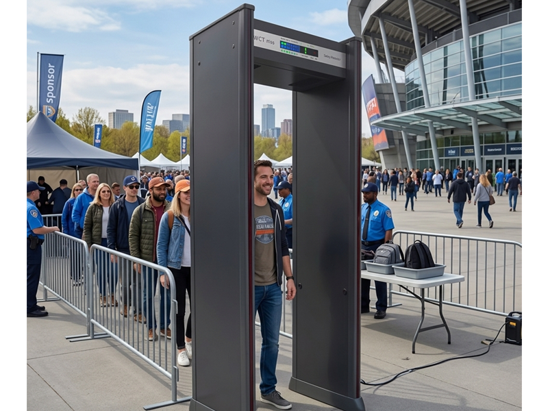 Security officer monitoring walk-through metal detector at building entrance checkpoint