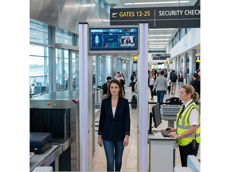 Security officer monitoring walk-through metal detector at building entrance checkpoint