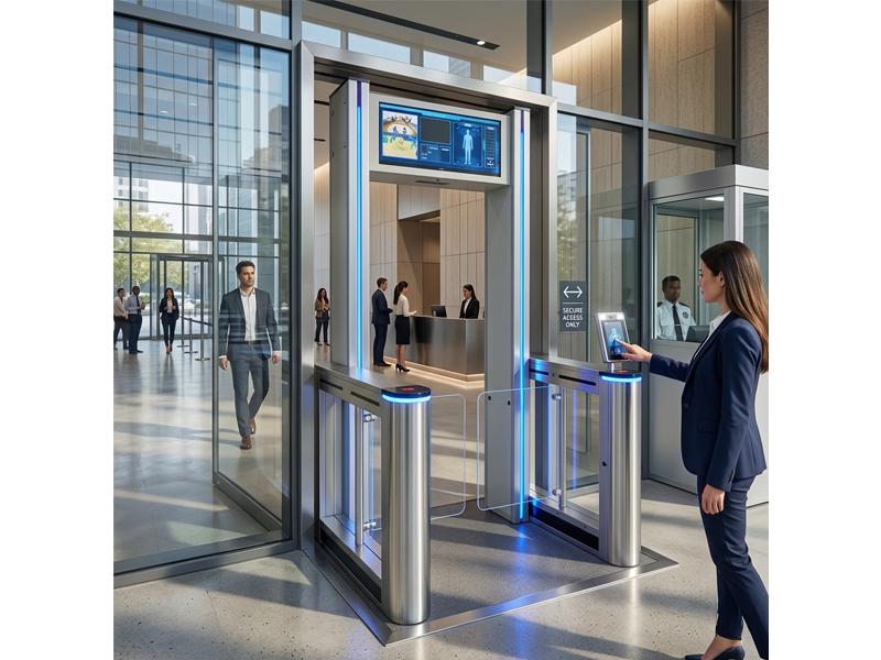 Walk-through metal detector integrated with flap barrier for high-traffic security access control