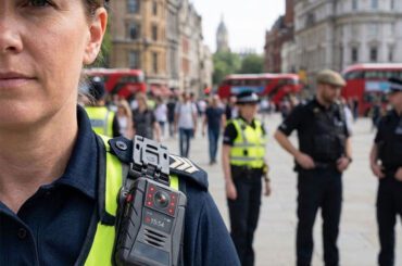Police officer wearing a 4G body-worn camera on a high-visibility vest during outdoor patrol.