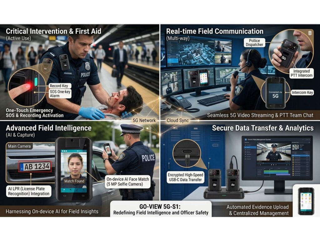 5G body worn camera features including facial recognition, real-time public communication, and GPS tracking for law enforcement.