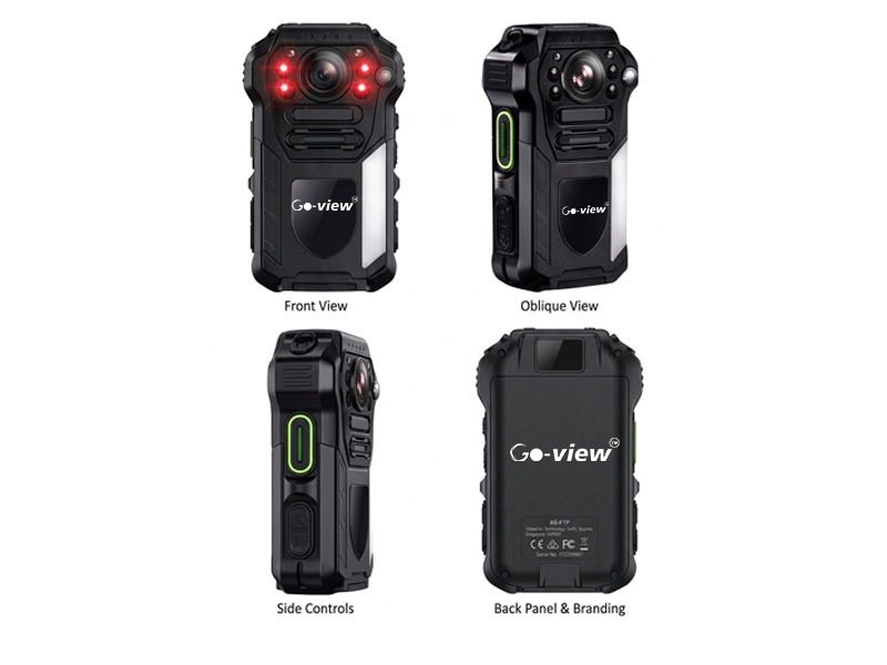 Product showcase of a dual-lens body-worn camera showing front, side, and rear views.