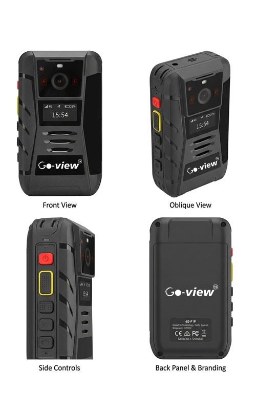 Multiple views of a professional body-worn camera showing the front lens, side buttons, back clip, and interface ports.