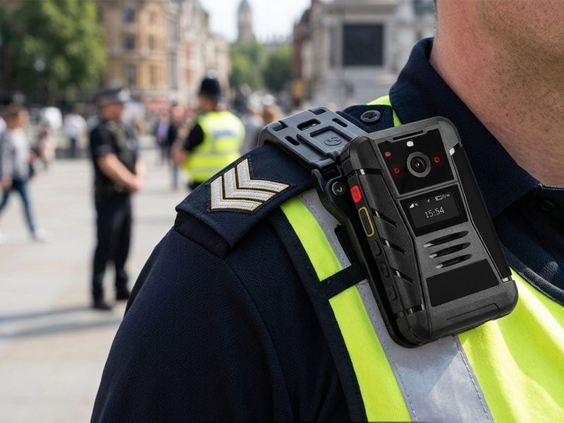 A close-up of a law enforcement officer's shoulder showing a rugged black body-worn camera securely mounted on a high-visibility yellow vest.