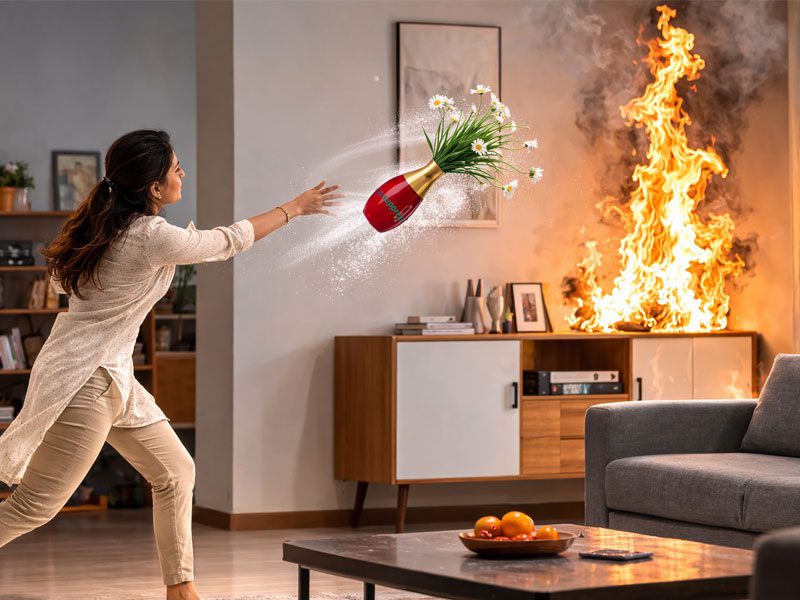 A woman throwing a Fire Vase into a room fire