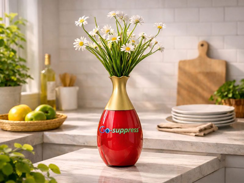 A decorative red and gold Fire Vase with white flowers sitting on a kitchen counter.