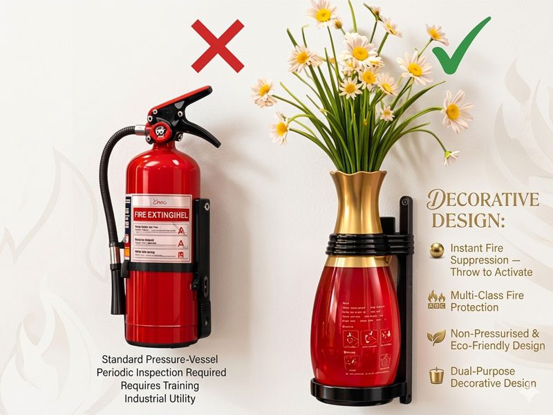 Comparison between a bulky traditional fire extinguisher (marked with a red X) and the Fire Vase (marked with a green checkmark).