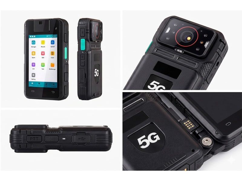 Multiple views of the Go-View 5G S1 body worn camera showing the front lens, 2.4-inch touch screen, and side control buttons.